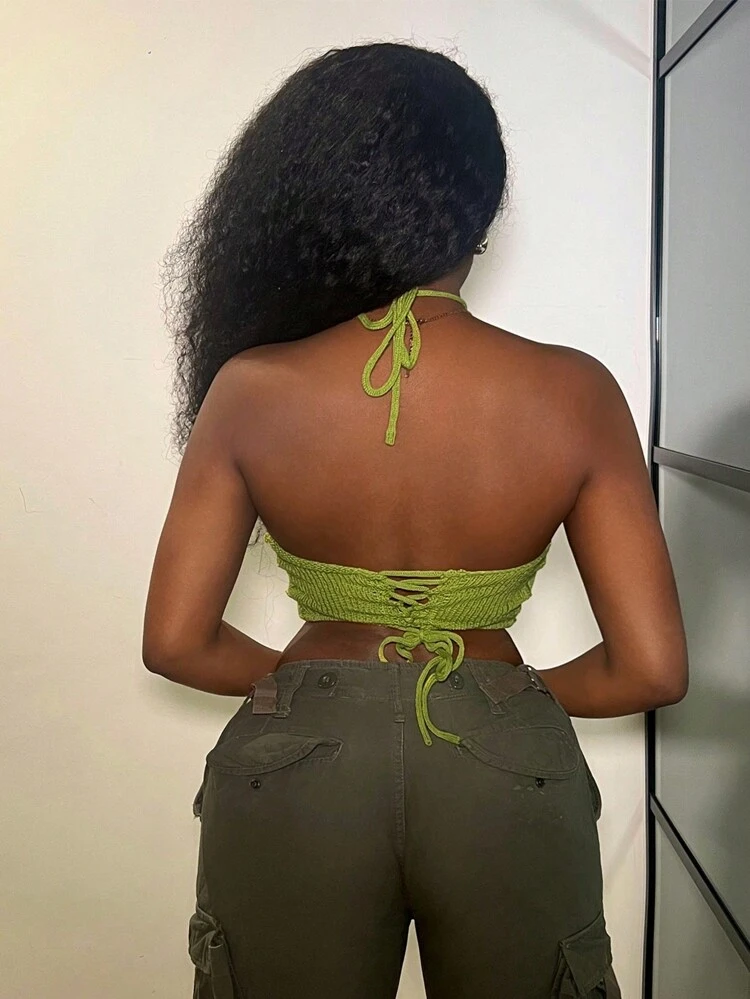Street Style Casual Green Knitted Top With Hollow Out & Tie Design For Women