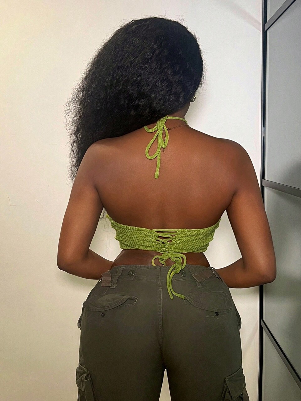 Street Style Casual Green Knitted Top With Hollow Out & Tie Design For Women
