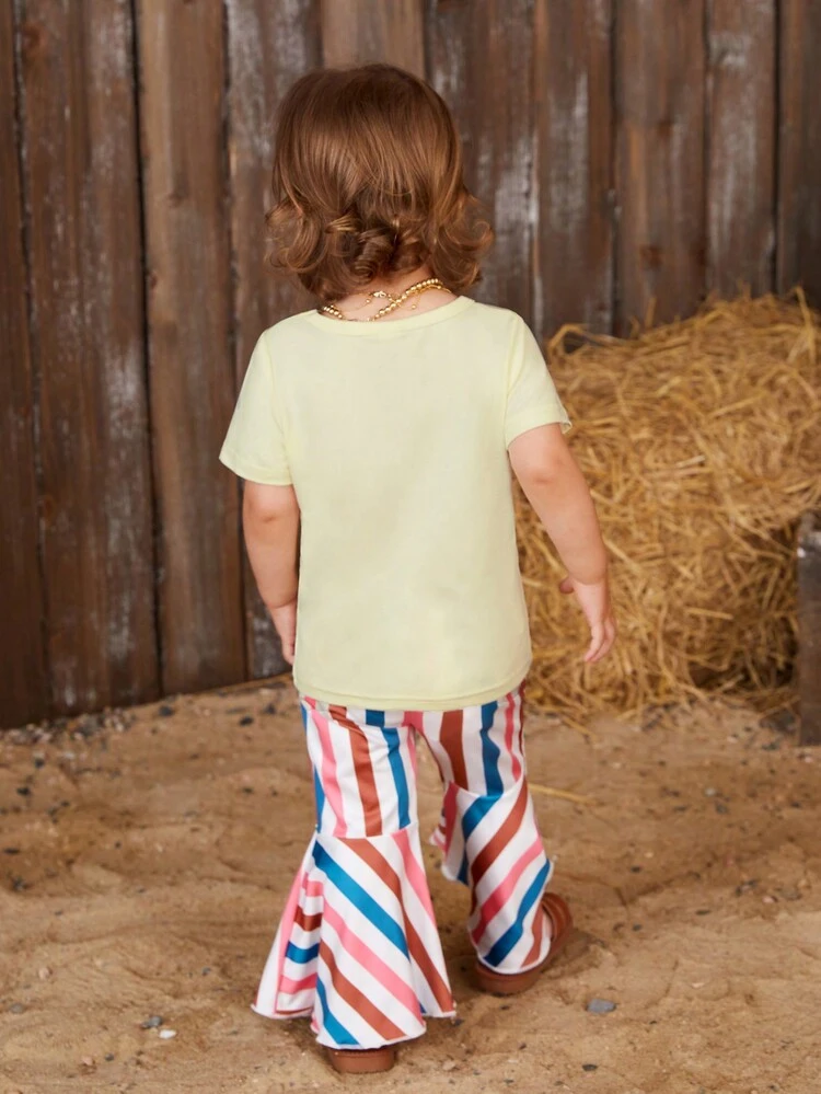 Girls' Short Sleeve Summer Outfits, Baby Girls' Short Sleeve Letter Top And Striped Flared Pants Set, Summer