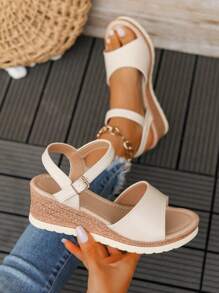 Women's Beige Buckle Strap Platform Sandals With Wedge Heels - Beige - View 3