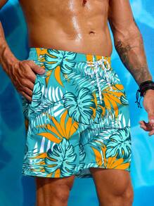 Manfinity 男式加大尺碼度假休閒沙灘短褲，印有植物圖案