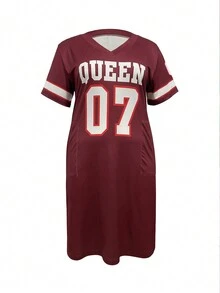 Plus Size Summer Fashionable Loose V-Neck Dress With Letter Print - Burgundy - View 5