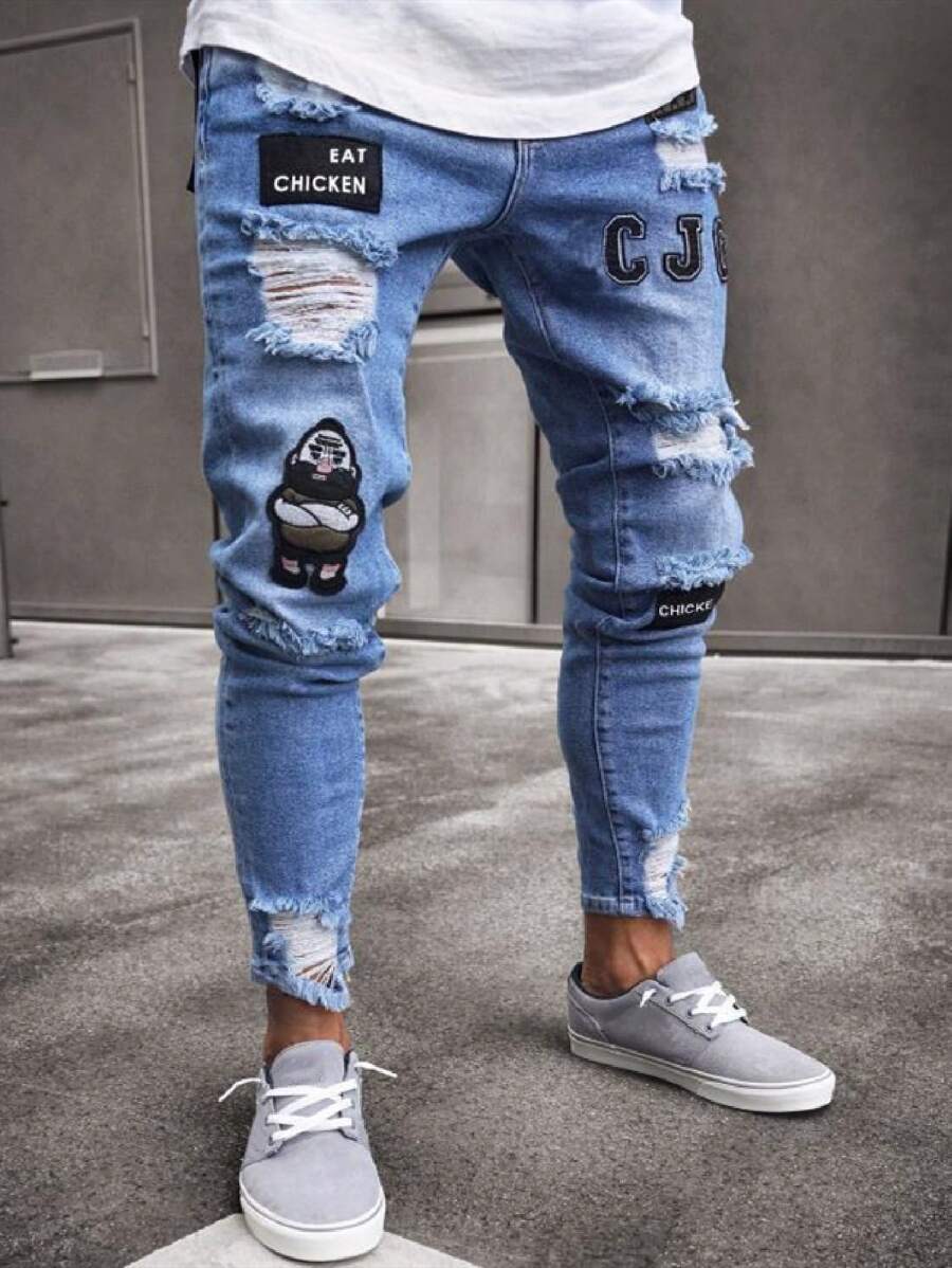 Men's Washed Embroidered Distressed Frayed Hem Casual Skinny Denim Jeans, Emo Style - Blue - View 1