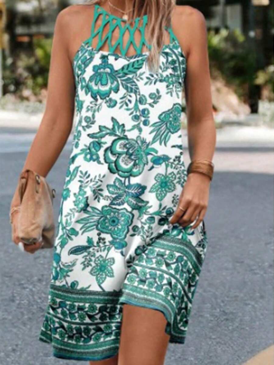 SHEIN VCAY 定位花卉印花中空露背露背夏季假期休閒裙 - 綠色 - 查看 1