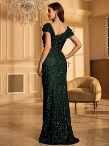 UNITHORSE Women's Asymmetric Neck Ruched Sequin Party Dress Wedding Guest Dress Formal Dress Evening Dress, Bride Dress, Birthday Outfits, Graduation Dress,Gown - Dark Green - View 2
