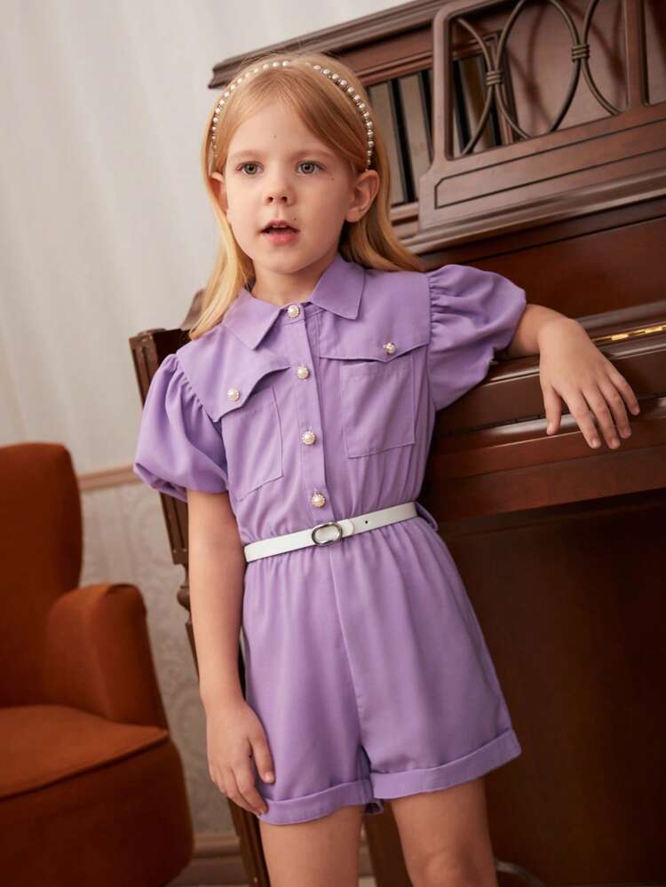Young Girl Elegant Commuting Noble Lady Bubble Striped Blouse Collar With Belted Shorts Romper