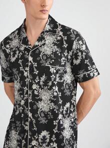 Men's Color-Block Edging Allover Print Short Sleeve Shirt With Front Button Closure And Shorts, Summer Homewear Set - Multicolor - View 7