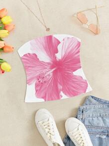 SHEIN EZwear Top tubo casual con estampado floral de hibisco rosa, verano - Blanco - Ver 4