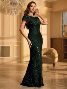 UNITHORSE Women's Asymmetric Neck Ruched Sequin Party Dress Wedding Guest Dress Formal Dress Evening Dress, Bride Dress, Birthday Outfits, Graduation Dress,Gown - Dark Green - View 4