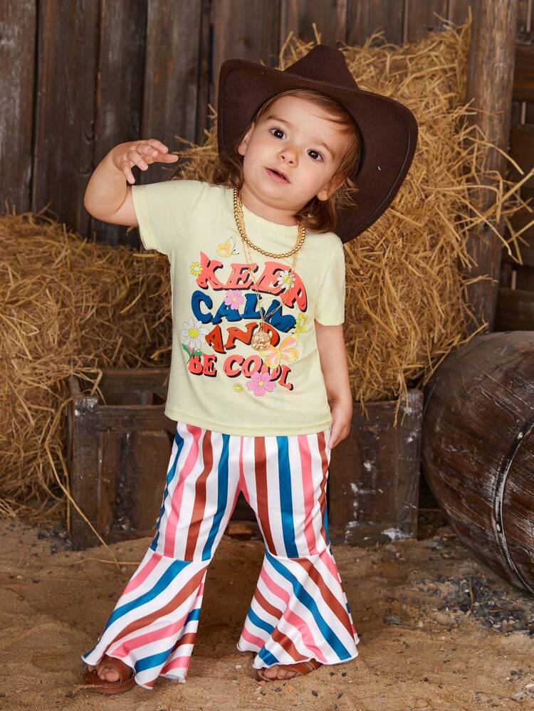 Girls' Short Sleeve Summer Outfits, Baby Girls' Short Sleeve Letter Top And Striped Flared Pants Set, Summer