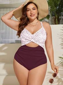 SHEIN Swim Curve 2025 大码女式波尔卡圆点印花交叉镂空性感细肩带连体泳衣夏季 - 紅色 - 查看 4