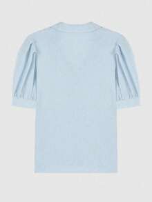 夏季休闲纯色宽松泡泡袖衬衫 - 藍色 - 查看 2