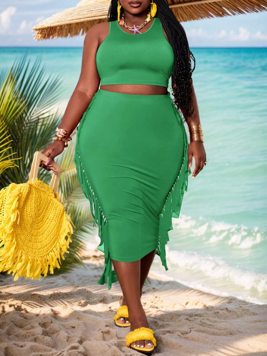 Slaydiva 大码音乐节纯色针织栗色背心搭配流苏裙套装（A码） - 綠色 - 查看 1