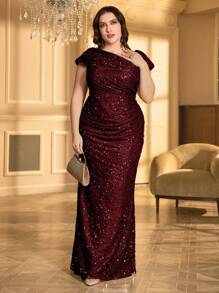 Vestido formal de UNITHORSE con escote asimétrico y plisado con lentejuelas en talla grande para fiestas, bodas, invitadas, eventos nocturnos, novia, cumpleaños, graduación, vestido de gala