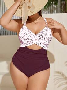SHEIN Swim Curve 2025 大码女式波尔卡圆点印花交叉镂空性感细肩带连体泳衣夏季 - 紅色 - 查看 1