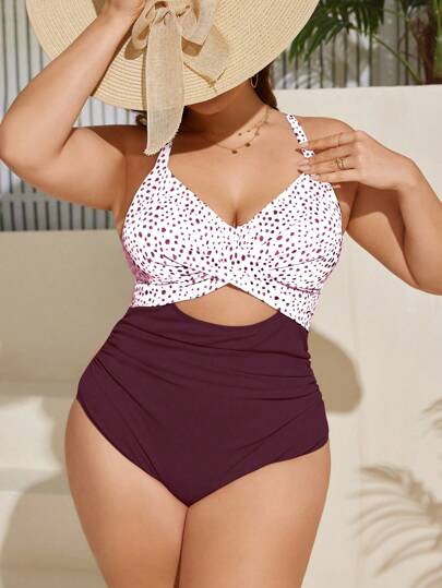 SHEIN Swim Curve Traje de baño de una pieza sexy con tirantes finos, estampado de lunares, diseño cruzado y de corte hueco para mujer de talla grande, verano 2025