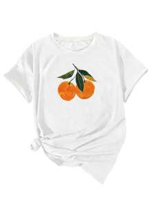 INAWLY Women Simple Printed Round Neck Short Sleeve T-Shirt, Summer Casual Fruit Shirt - White - View 3