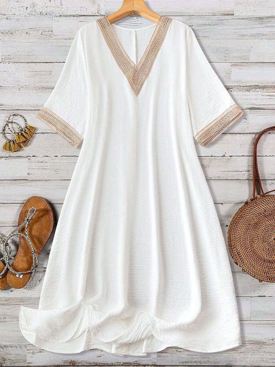 Breezaya Plus Size Boho V-Neck Woven Colorblock Summer Batwing Sleeve Dress