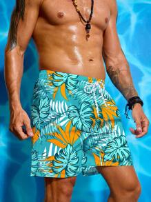 Manfinity 男式加大尺碼度假休閒沙灘短褲，印有植物圖案