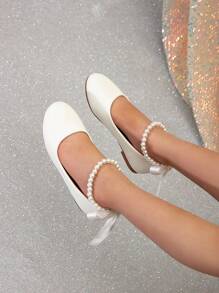 Girls' Fashionable Pearl Ankle Strap Flat Shoes With Bowknot