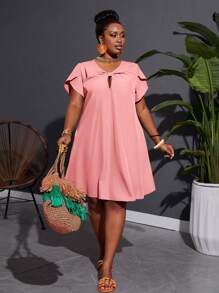 Slaydiva 加大假日休闲无弹性梭织纯色宽松绿色 A 字扭结女式加大码连衣裙