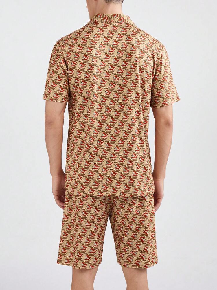 Men's Printed Casual Short Sleeve Shirt And Shorts Homewear Set, Summer