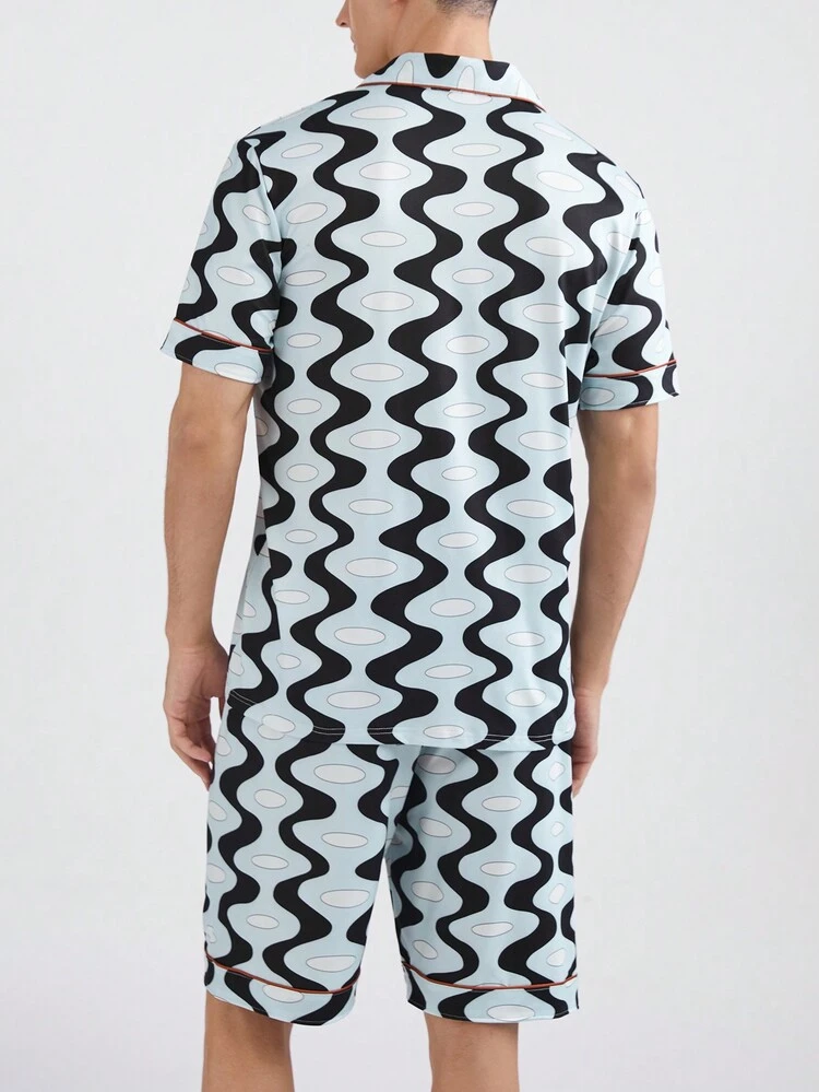 Men's Printed Casual Short Sleeve Top And Shorts Homewear Set