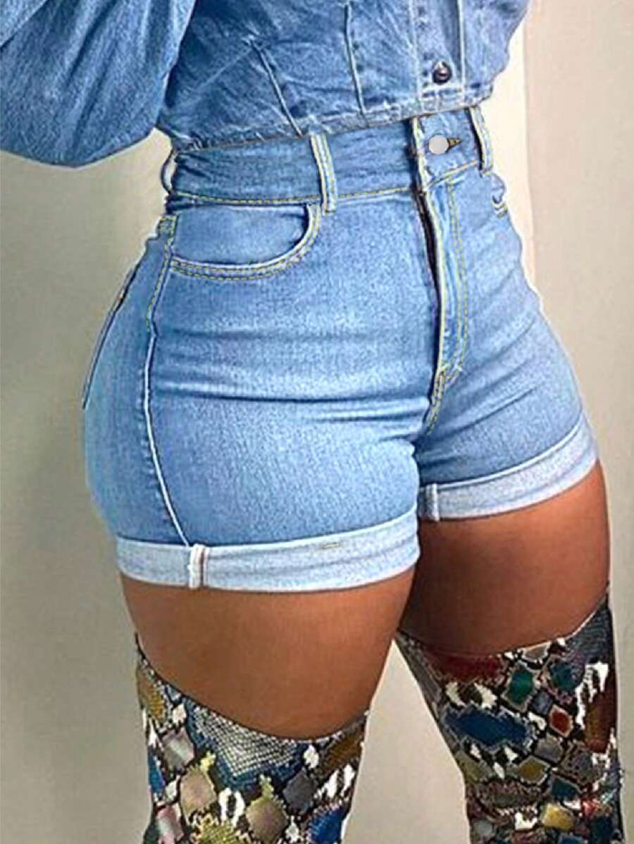 Women's Solid Color Rolled Edge All-Match Versatile Short Jeans With Pockets And Buttons - Medium Wash - View 1