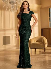 UNITHORSE Women's Asymmetric Neck Ruched Sequin Party Dress Wedding Guest Dress Formal Dress Evening Dress, Bride Dress, Birthday Outfits, Graduation Dress,Gown - Dark Green - View 6