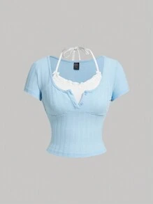 SHEIN MOD 可爱芭蕾蝴蝶结蕾丝边短袖二合一 T 恤夏季女式上衣 - 藍色 - 查看 1