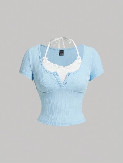 SHEIN MOD 可爱芭蕾蝴蝶结蕾丝边短袖二合一 T 恤夏季女式上衣