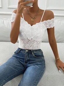 SHEIN Privé Women's Solid Color Simple Lace Decorated Spaghetti Strap Bodysuit, Casual - White - View 3