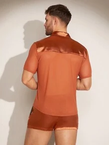 FeverCity Men's Solid Color Simple Daily Wear Short Sleeve Shirt And Shorts Set - Rust Brown - View 2