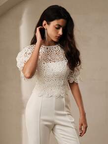 Anewsta Atractiva blusa de encaje para mujeres con mangas globas y cintura ajustada