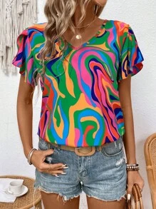 Breezaya Printed Random Cut V-Neck Ruffle Hem Short Sleeve Shirt For Spring/Summer Casual Outfit - Multicolor - View 6