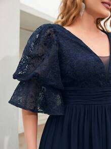 V領褶皺腰部花邊刺繡雪紡拼接禮服洋裝，配燈籠袖 - 藏蓝色 - 查看 6