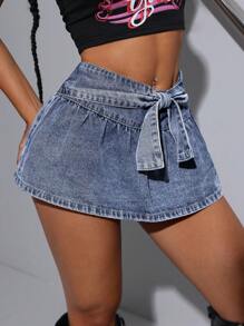 SHEIN ICON Mini Saia Denim de Verão com Laço - Lavagem Média - Visão 5