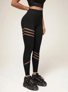 SHEIN Mallas elásticas de mujer con huecos y unicolor, adecuadas para usar a diario y como atuendo deportivo - Negro - Ver 6