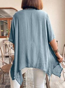 SHEIN LUNE Plus Size Women's Fashionable Loose Asymmetrical Hem Shirt - Dusty Blue - View 2