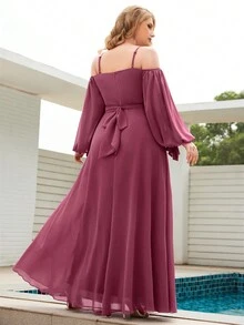 Đầm voan tay phồng không tay/lệch vai có dây buộc eo, thiết kế xếp ly, thanh lịch & duyên dáng - Màu tím - Xem 2