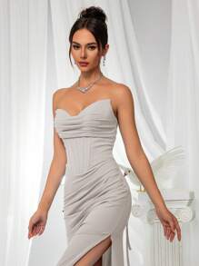 VIPGIRL Elegant Bridesmaid Dress: Strapless Fitted Satin Dress, Paired With Waist-Cinching Top And Draped Waistline - Minimalist Luxurious Formal Evening Gown, Suitable For Wedding Guest Attire Spring - Light Grey - View 5