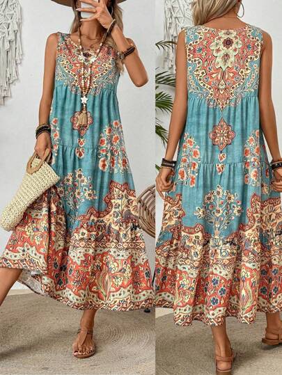 Breezaya Ladies Summer Floral Print Round Neck Sleeveless Dress For Casual Or Vacation Maxi Vacation Beach Outfits Women