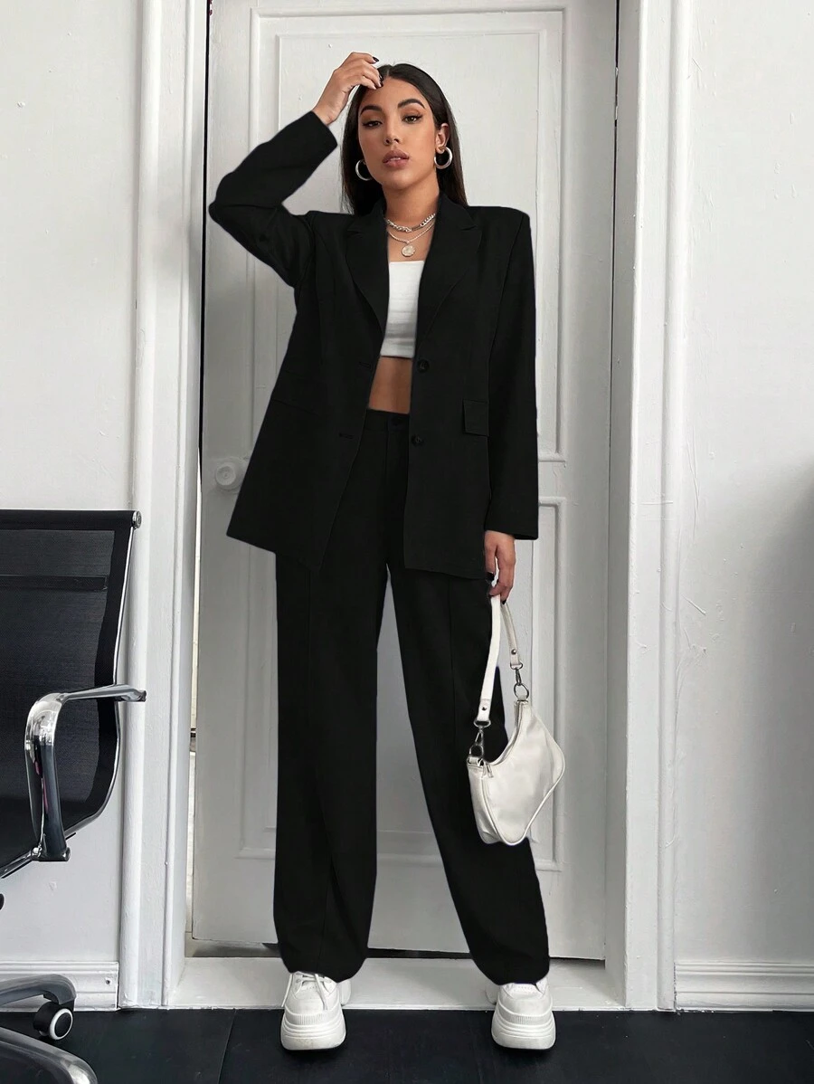 EURMUSE Conjunto De Traje De Negocios De Mujer De Color Sólido - Negro - Ver 1