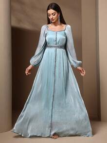 Solessence 女式优雅亮片拼接灯笼袖长裙，春夏，端庄 - 綠色 - 查看 8