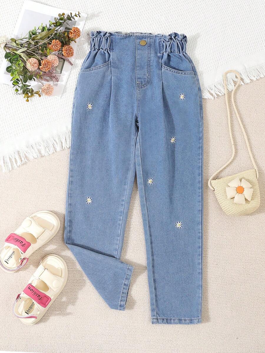 SHEIN Tween Girls Elegant Casual Embroidered Denim Jeans, Autumn Summer Holiday - Light Wash - View 1