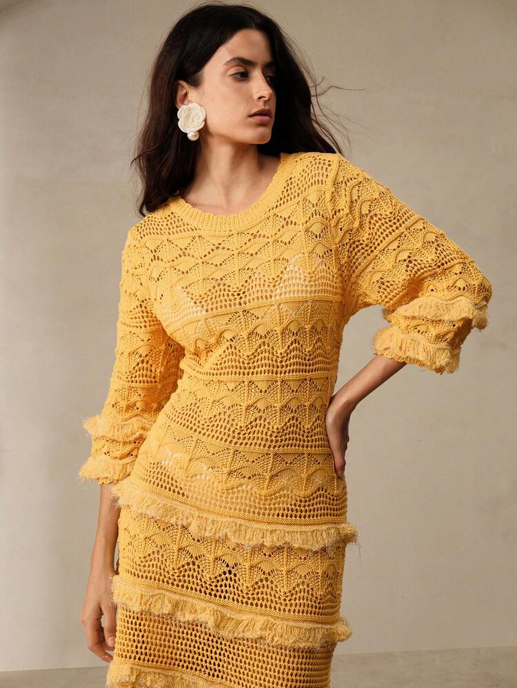 Sexy Hollow Out & Tassel Design Lady Bodycon Midi Dress For Summer Beach Vacation