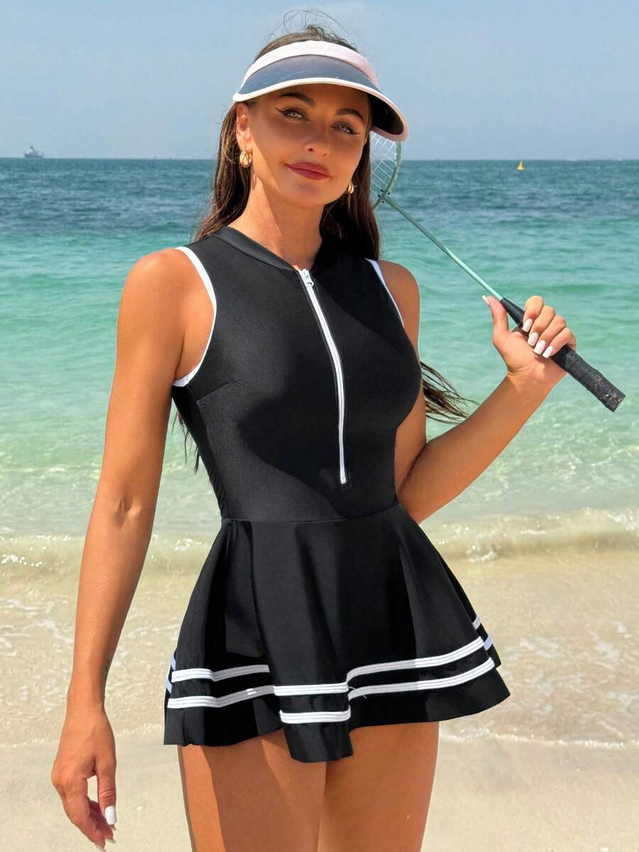 SHEIN Swim SPRTY 運動風格彩色拼接拉鍊比基尼上衣和條紋印花下著泳裝套裝，適用於游泳池、夏日沙灘 - 黑色 - 查看 1