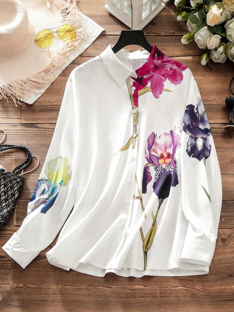 Lacomfia Plus Size Floral Printed Single-Breasted Casual Long Sleeve Shirt Fall Cloth For Women - Multicolor - View 1