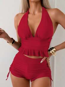 SHEIN Swim 2 件套女士优雅荷叶边细肩带上衣和抽绳短裤比基尼套装，红海滩度假风格夏季 - 紅色 - 查看 3