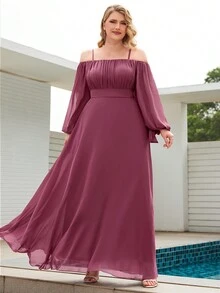 Đầm voan tay phồng không tay/lệch vai có dây buộc eo, thiết kế xếp ly, thanh lịch & duyên dáng - Màu tím - Xem 3